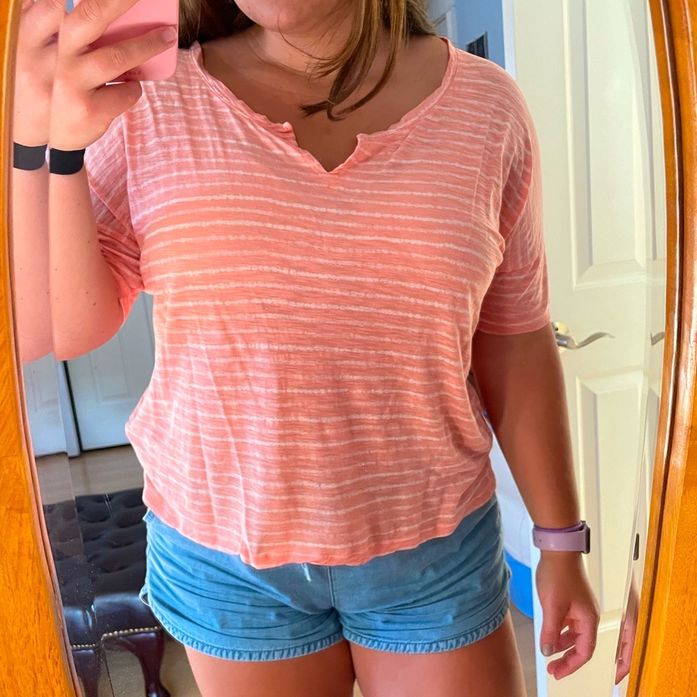 Old Navy Peach/White Striped Short Sleeve Shirt